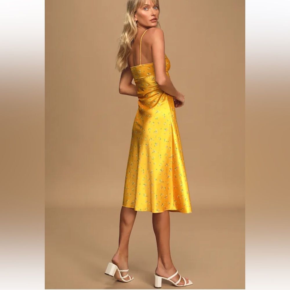 KOURT Rachel Yellow Floral Print Satin Midi Dress XS Wedding Guest - Picture 3 of 13